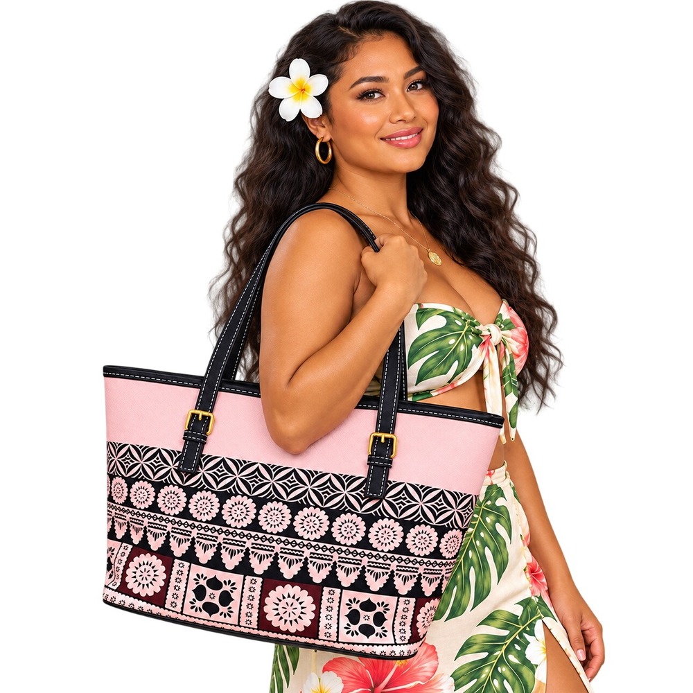 Fiji Tapa Print Tote Bag Black White Geometric Saffiano Adjustable Straps NEW